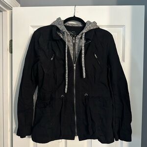 Black Utility Jacket with Built-In Gray Zip Up Hoodie